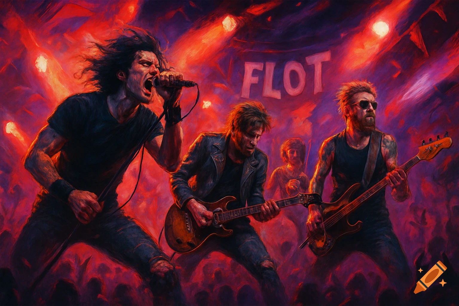 A rock band named FLOT performs intensely on stage under vibrant red lights, rendered in a dramatic painterly style.
