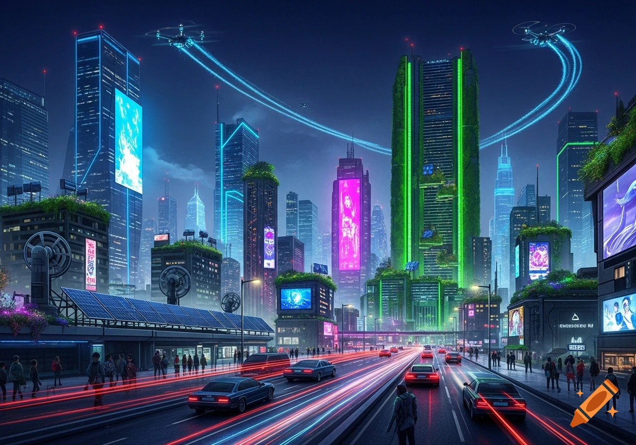 A vibrant cyberpunk and solarpunk city at night, featuring neon lights, green buildings, cars, and pedestrians amidst glowing light trails.