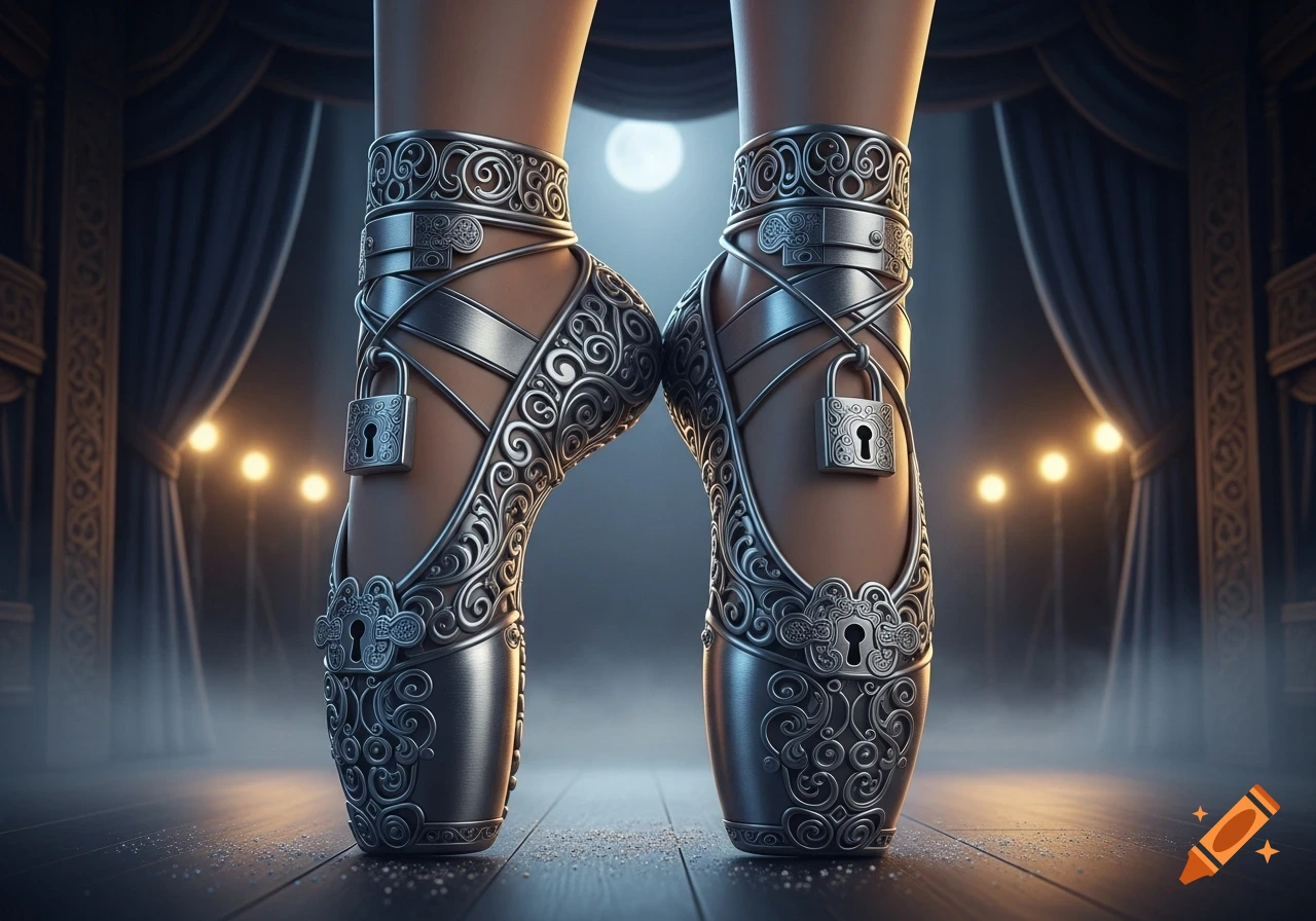 Detailed photorealistic image of two feet in ornate silver ballet pointe shoes with small locks, on a stage with lights.