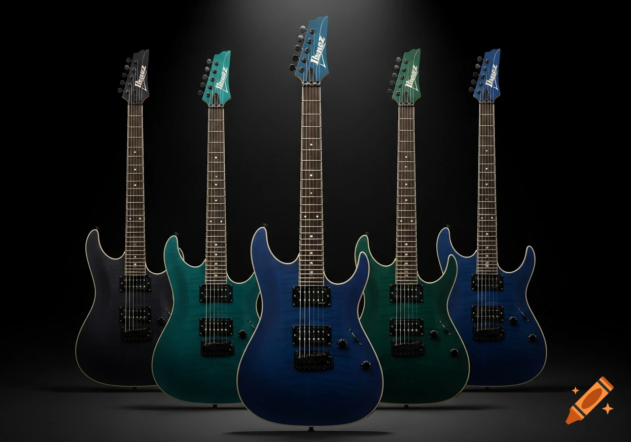 Five Ibanez electric guitars in matte dark blue, teal, green, and black, against a dark background with dramatic lighting.
