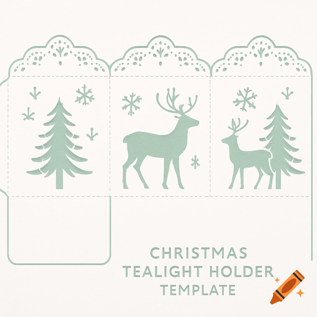 Mint green Christmas tealight holder template with deer, trees, and snowflakes.
