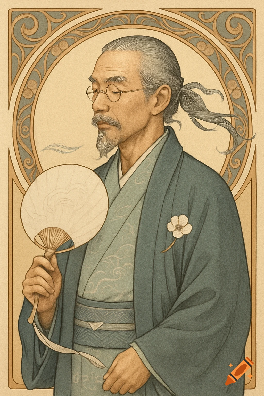 Vertical Art Nouveau portrait of a dignified Japanese man in a kimono, with grey hair, goatee, and glasses, holding a white fan.
