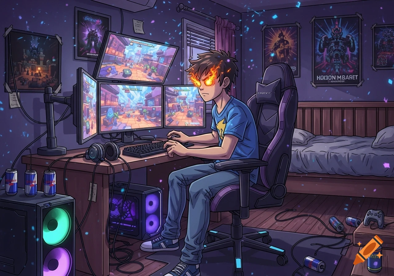 An aggressive cartoon boy with glowing orange eyes plays video games on a multi-monitor setup in a purple-themed room, surrounded by gaming posters and energy drink cans.