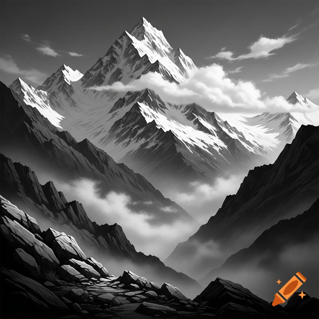 A black and white illustrative landscape featuring majestic snow-capped mountains, misty valleys, and rugged rocky slopes.