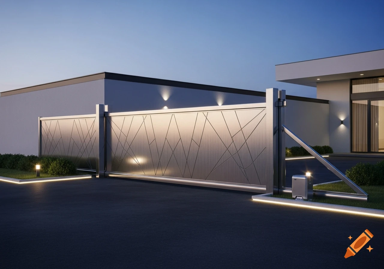A modern metallic sliding parking gate with geometric patterns, lit by ground lights in front of a contemporary building at dusk.