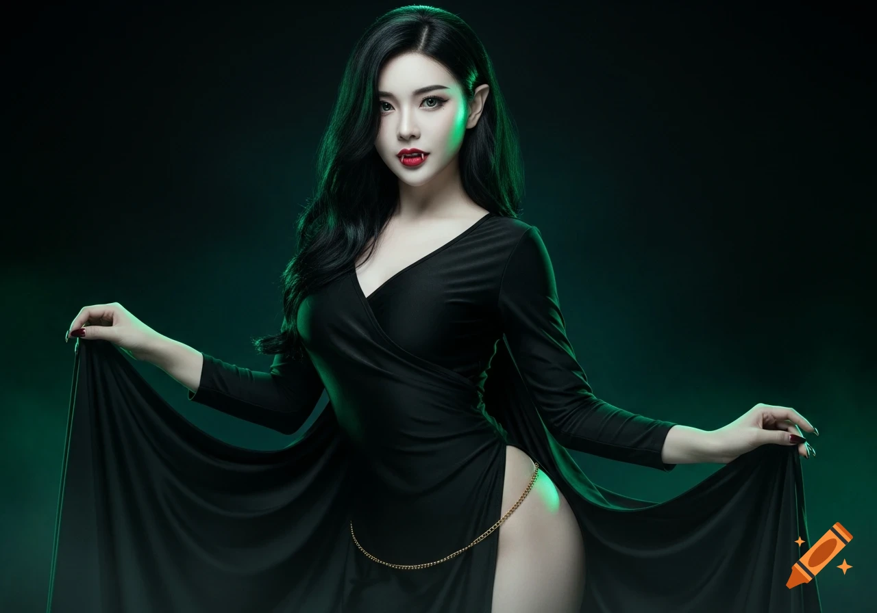 A beautiful young female vampire in a black dress with fangs and pointed ears poses against a dark background with green lighting.