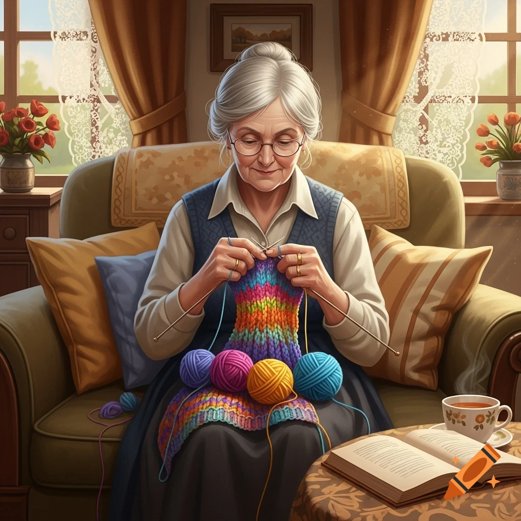 An elderly woman with glasses knits a colorful striped garment in a cozy living room, surrounded by yarn, a book, and a teacup.
