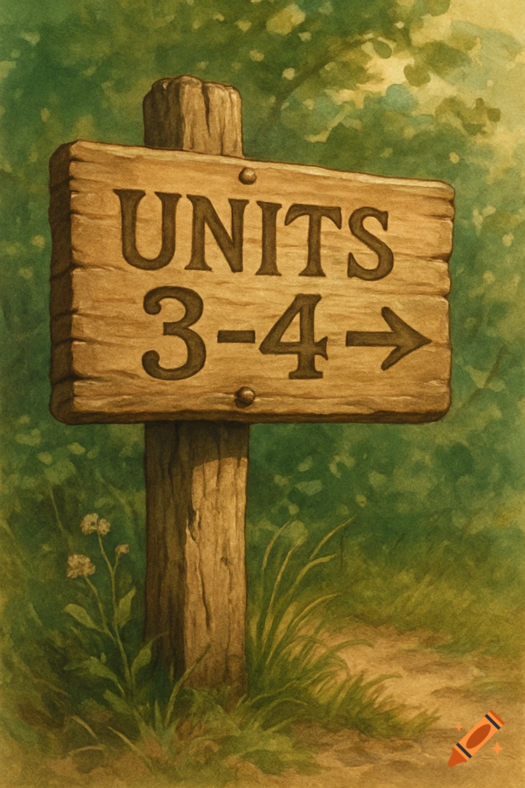 A rustic wooden sign on a post in a green forest, pointing right and reading 'UNITS 3-4'.
