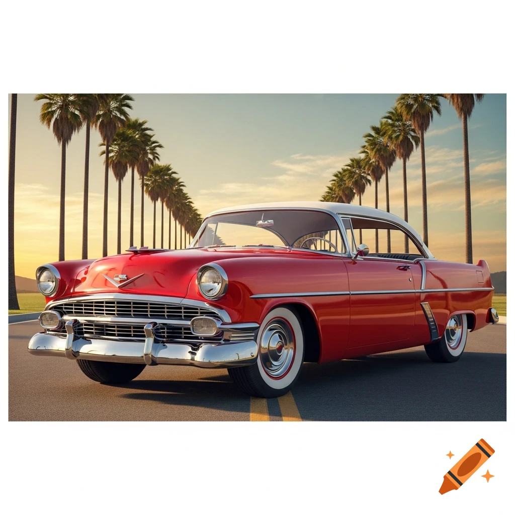 A photorealistic red and white 1950s classic car on a road lined with palm trees at sunset.