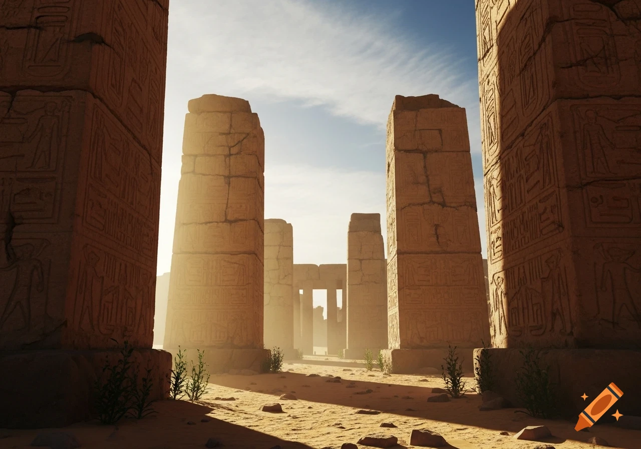 Ancient stone pillars with stylized hieroglyphs stand in a sandy desert under a bright sky, bathed in sunlight.