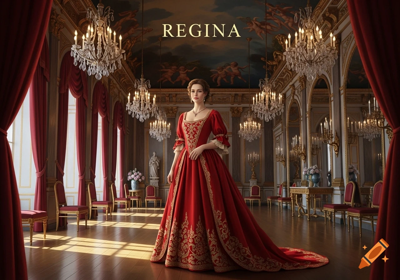 A regal woman in an elaborate red and gold historical gown stands in a grand, opulent palace ballroom with chandeliers. Text 'REGINA' is on the ceiling.