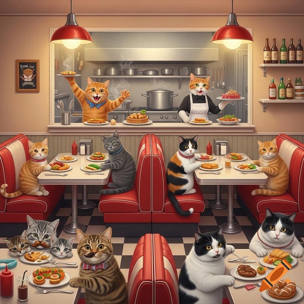 Anthropomorphic cats dine and work in a retro-style diner kitchen, with some cooking and serving while others eat various dishes at tables and booths.