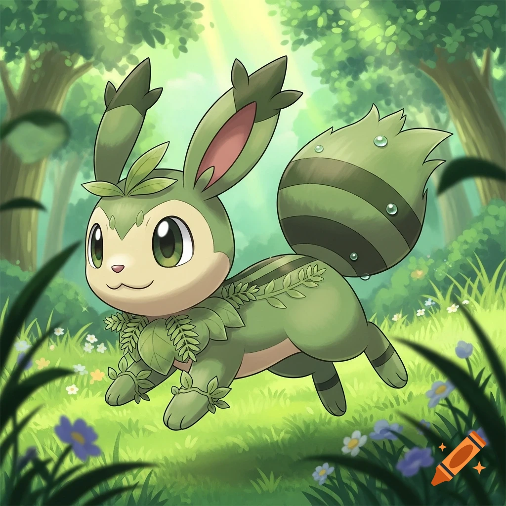 A cute, green, rabbit-like fantasy creature with leafy details, in the style of Pok esearchmon, runs through a sunny forest.