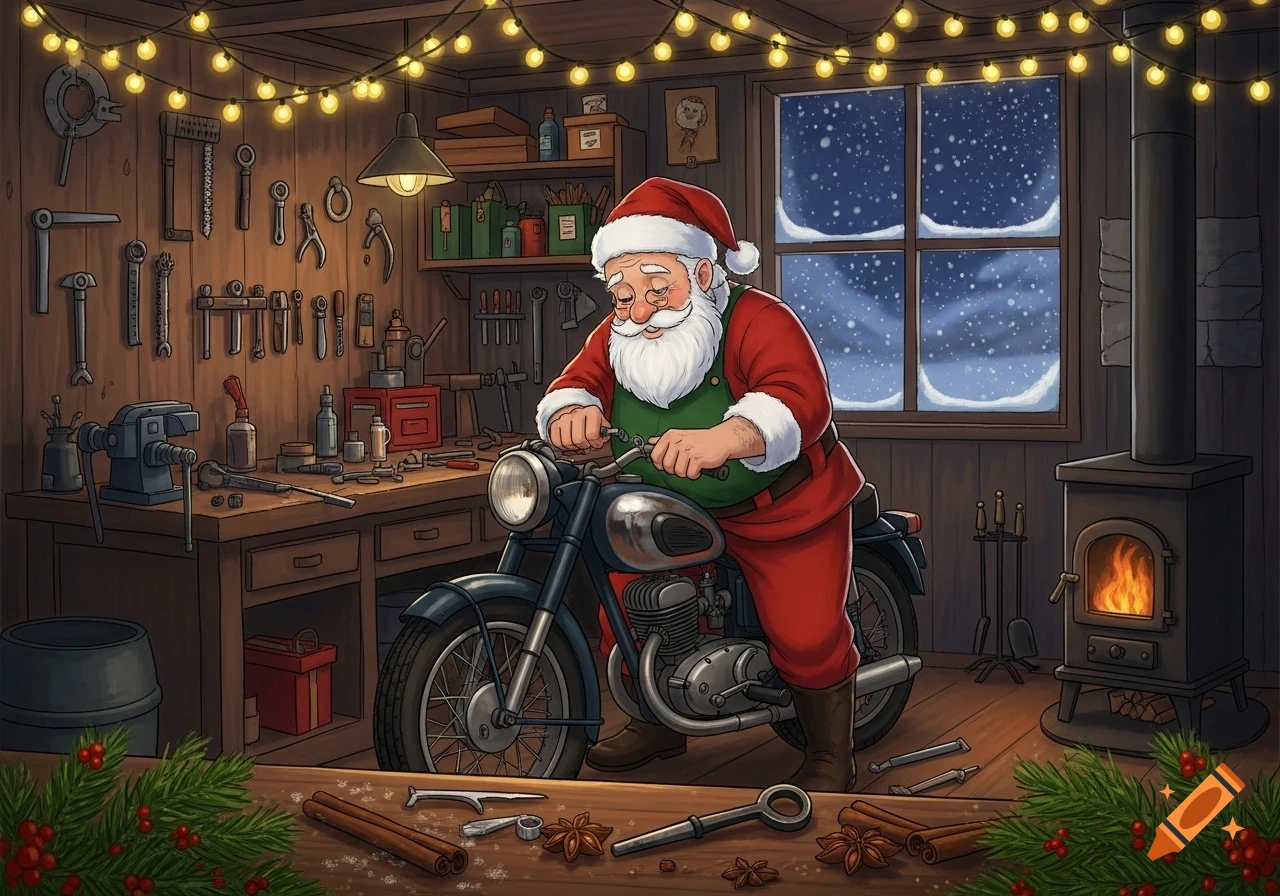 Santa Claus in a red suit and green apron works on a classic motorcycle in a cozy, festive workshop adorned with string lights.