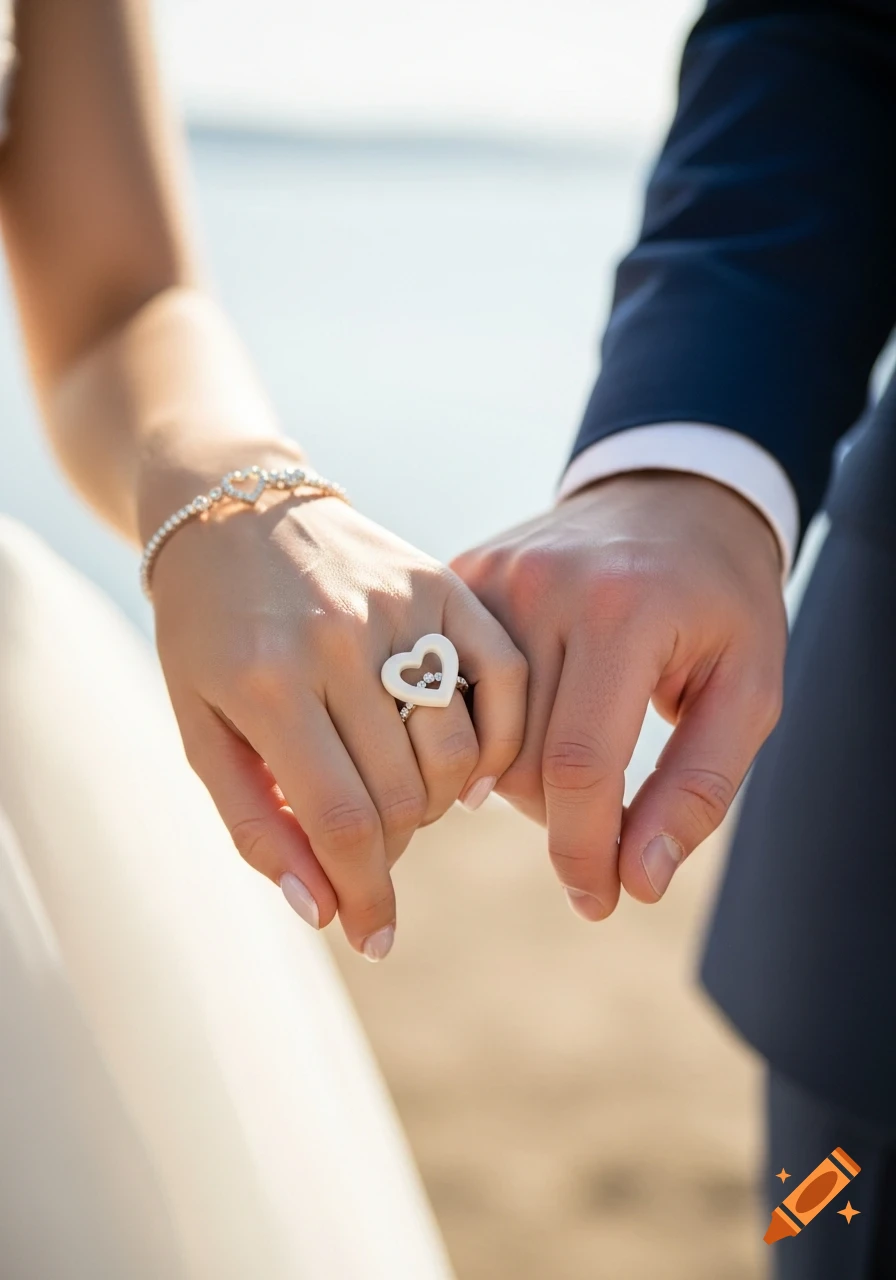 Close-up, photorealistic image of a couple's hands gently clasped, featuring a white heart-shaped ring and a diamond bracelet.