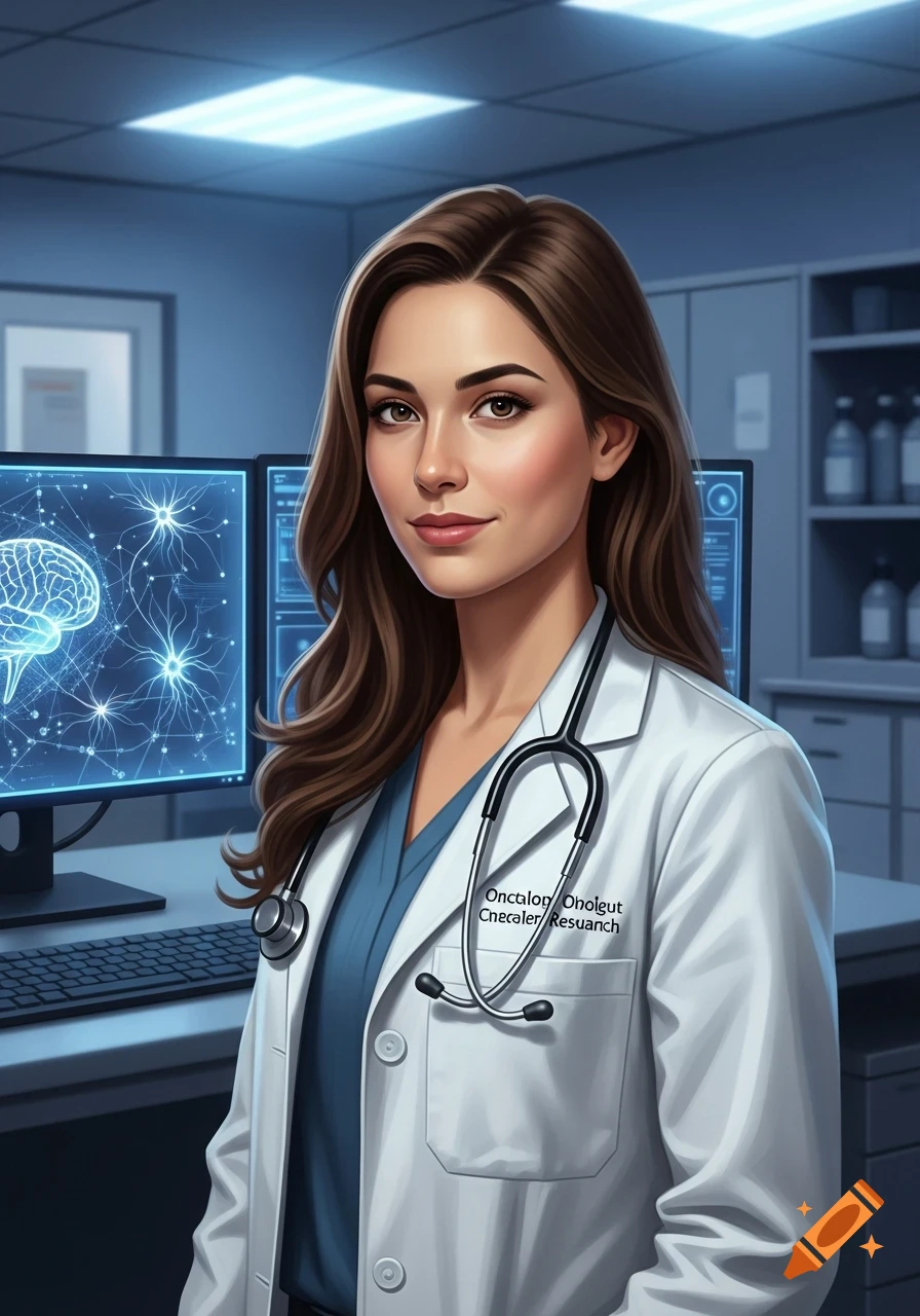 A smiling young female doctor with brown hair and a stethoscope, wearing a white lab coat in a lab with brain scans on monitors.