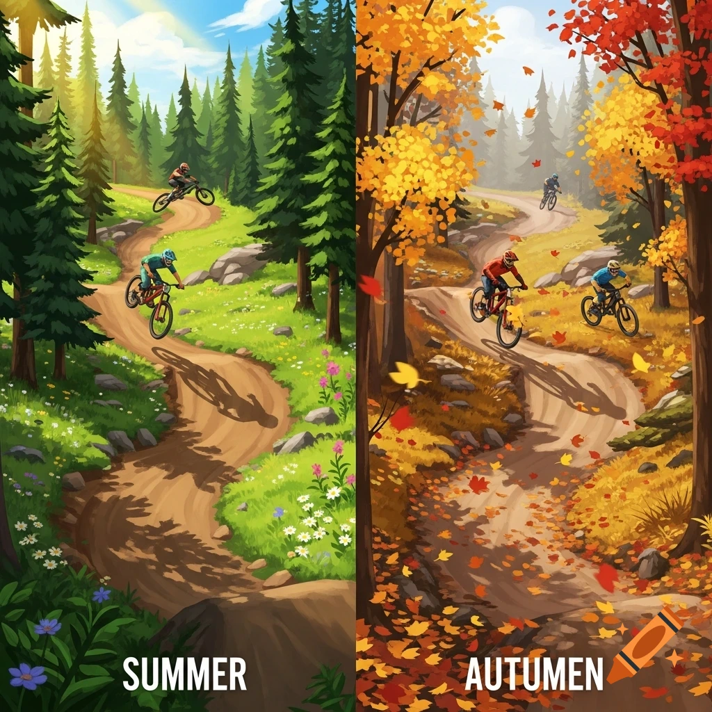 Stylized illustration of a mountain bike trail split into summer and autumn scenes, with bikers riding through green forests and vibrant fall foliage.