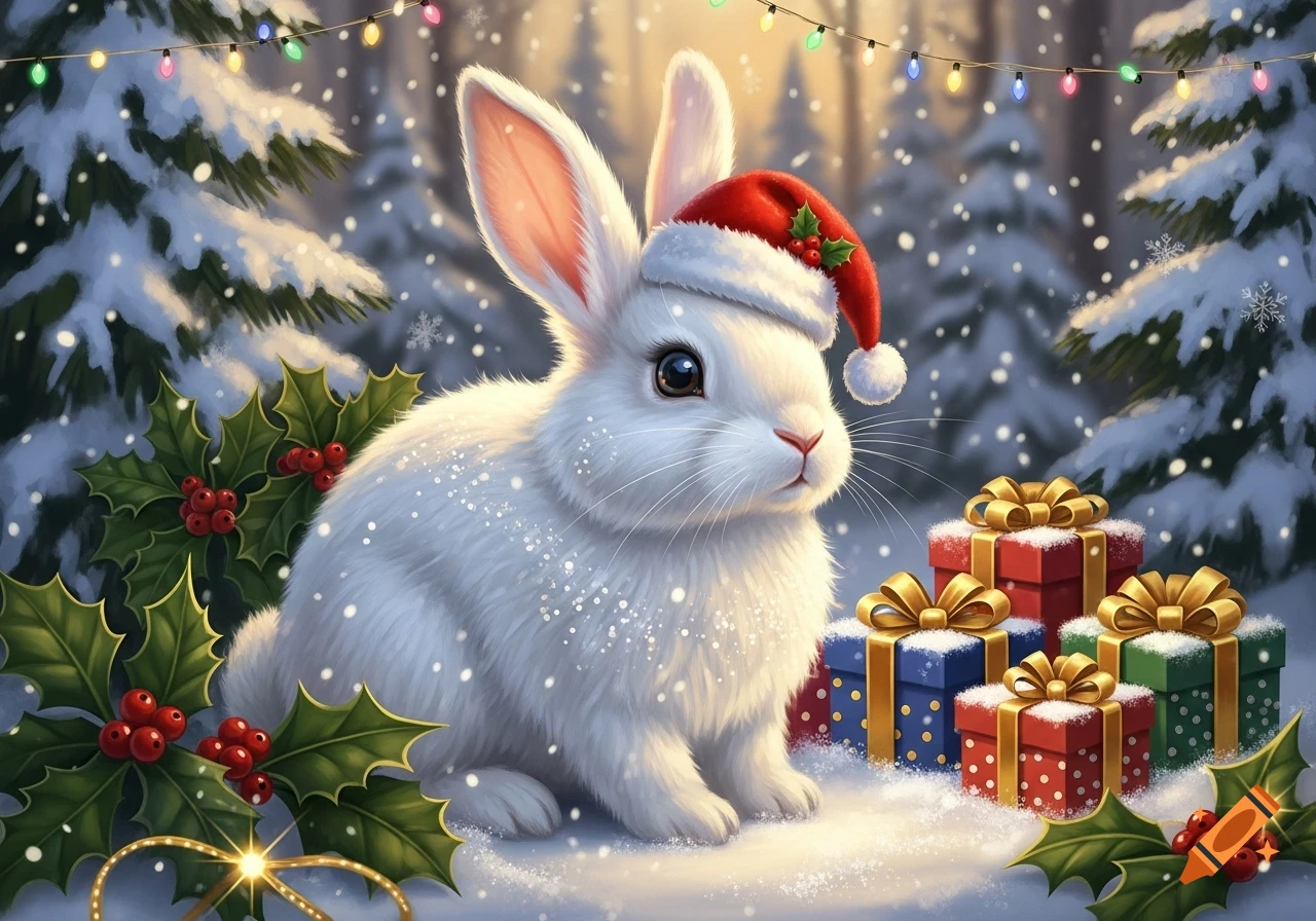 A cute white bunny wearing a Santa hat sits in a snowy winter forest ...