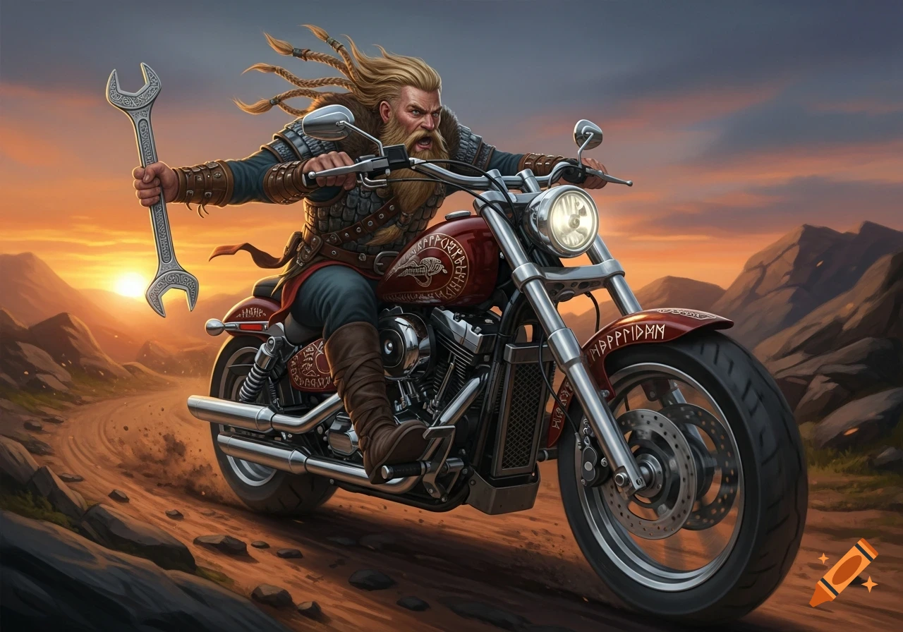 A muscular, bearded Viking rides a red motorcycle on a dirt road at sunset, holding a large wrench. Digital illustration.
