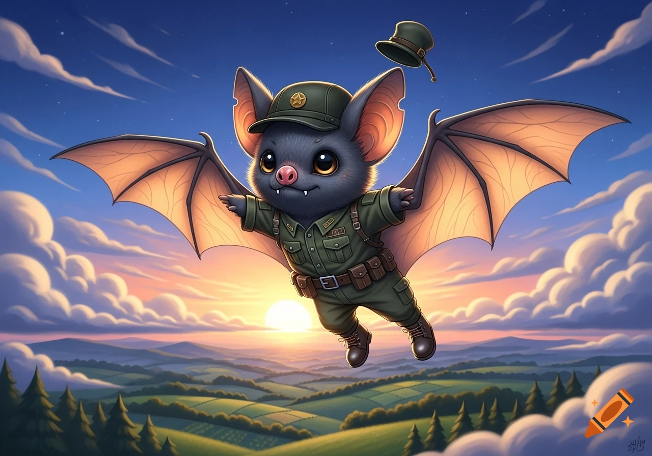 A cute cartoon bat in a green army uniform and cap flies over a lush green landscape at sunset.
