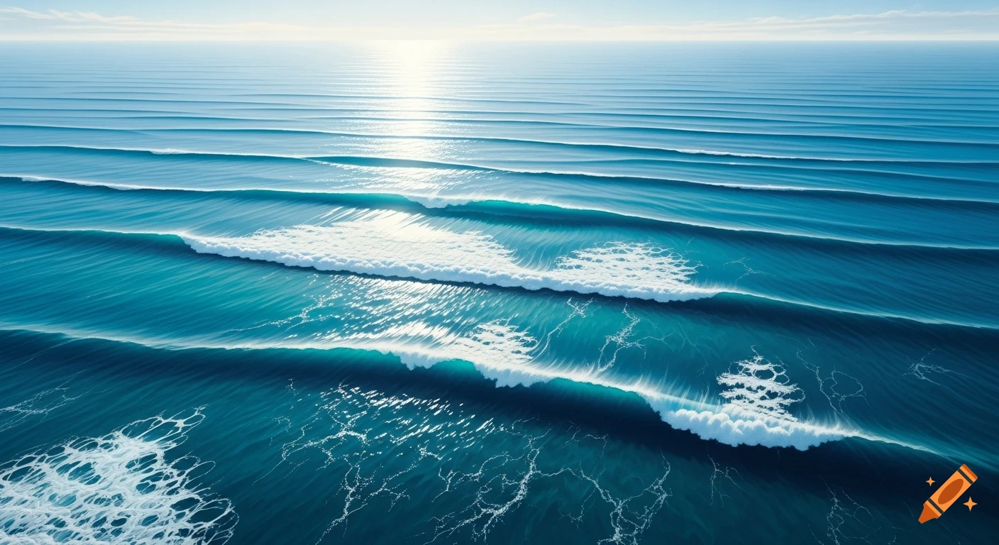 Bird's eye view of clear blue ocean waves under a bright, sunny sky, in the style of a painting.