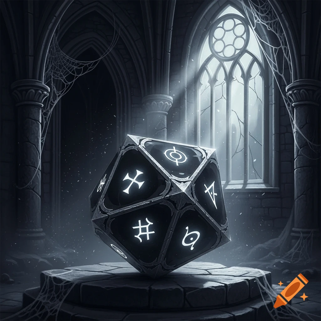 A dark, gothic scene features a large, ornate black icosahedral die with glowing white arcane symbols, resting on a stone pedestal in a shadowed chamber with arched ceilings and a tall window.