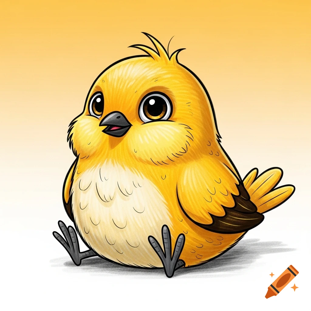 A cute, chubby yellow cartoon bird with large eyes and a pencil-drawn texture, sitting on a soft yellow background.