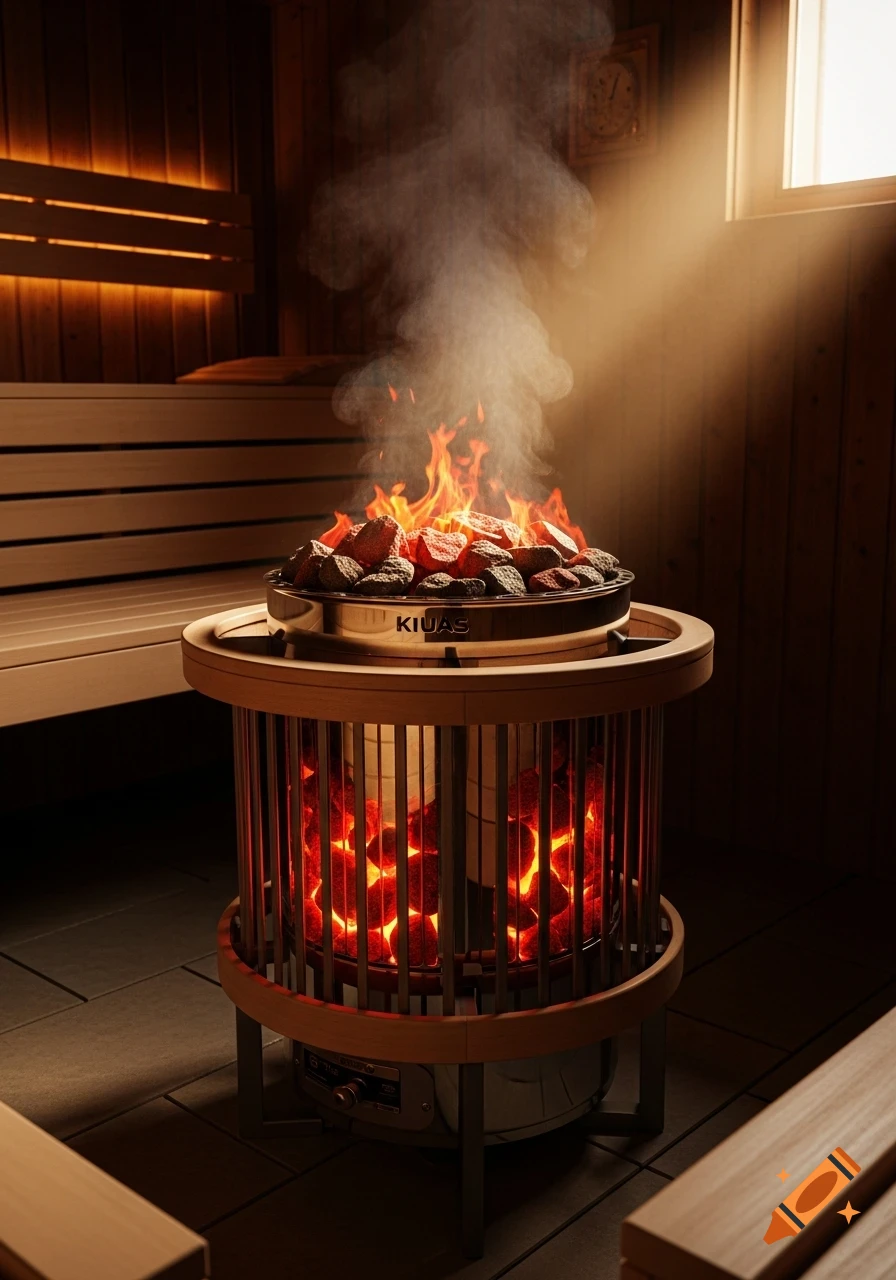 A close-up view of a sauna heater with glowing molten stones and rising steam in a dimly lit, wooden sauna room.