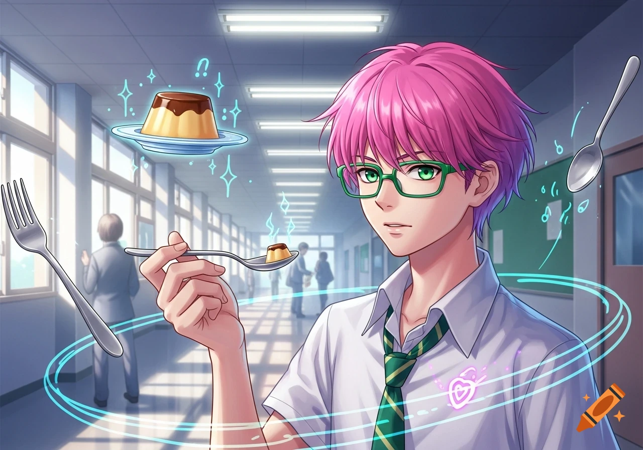 An anime boy with pink hair and green glasses in a school hallway, making a large pudding, a small pudding on a spoon, a fork, and a spoon float with psychic powers.