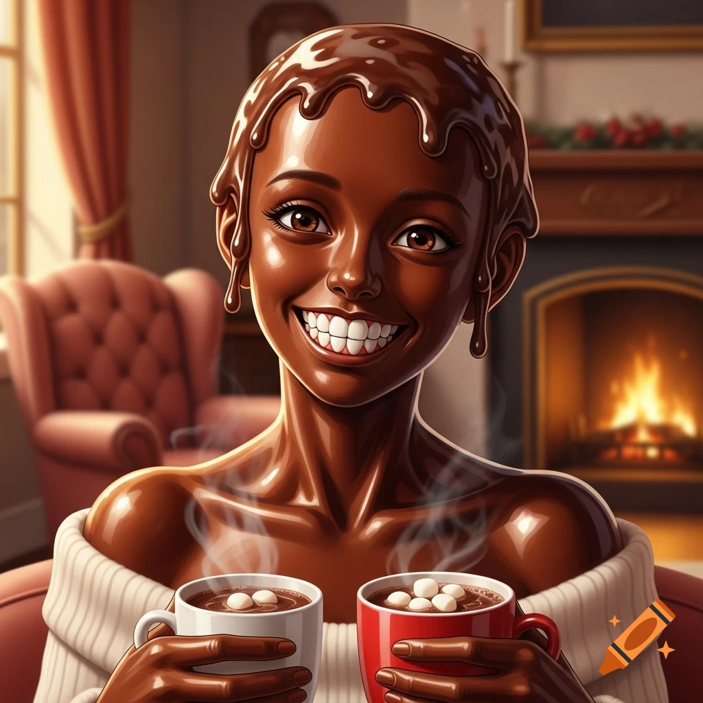 A smiling humanoid figure with chocolate skin and marshmallow teeth holds two mugs of hot cocoa in a cozy, fireplace-lit room.