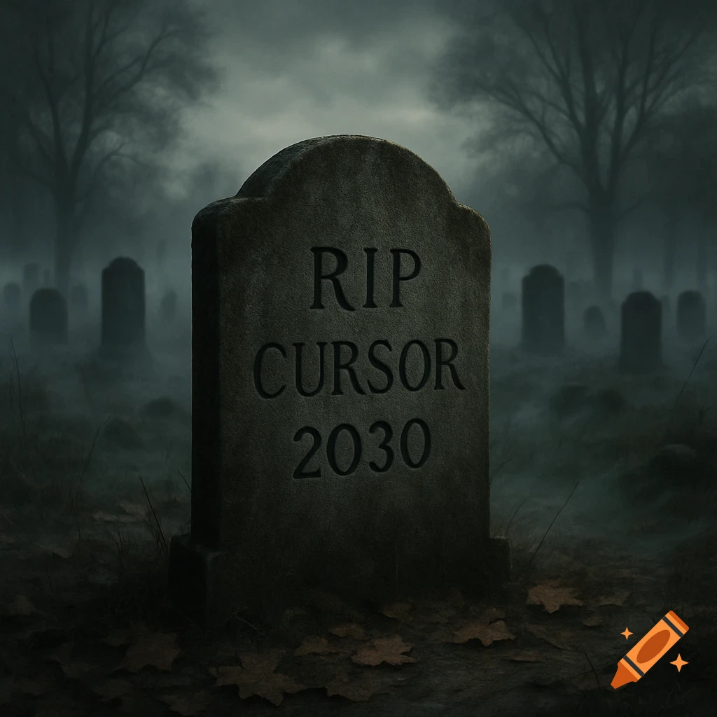 A tombstone in a foggy graveyard reads 'RIP CURSOR 2030' in a dark, atmospheric style.