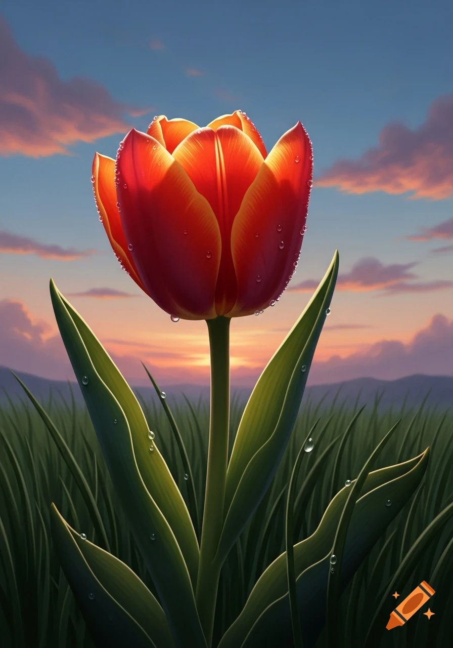 A vibrant red and yellow tulip with dewdrops stands tall in a grassy field against a sunset sky, photorealistic.