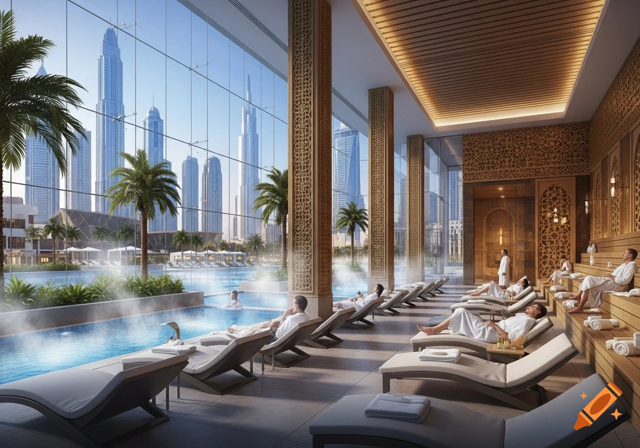 A luxurious indoor spa and pool area overlooking the Dubai cityscape, with people in bathrobes relaxing on lounge chairs and wooden benches.