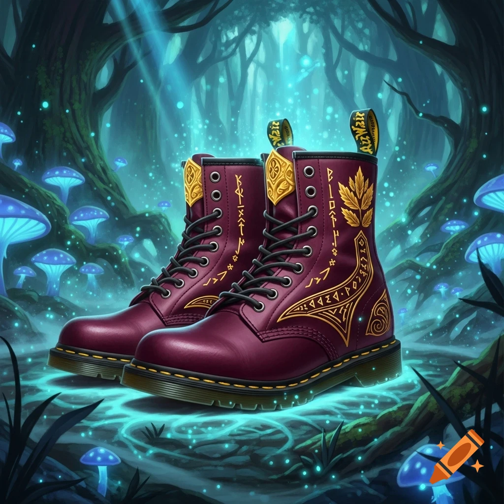 A pair of deep red Doc Martens boots adorned with golden magical runes and leaves, glowing in an enchanted forest with luminous blue mushrooms.
