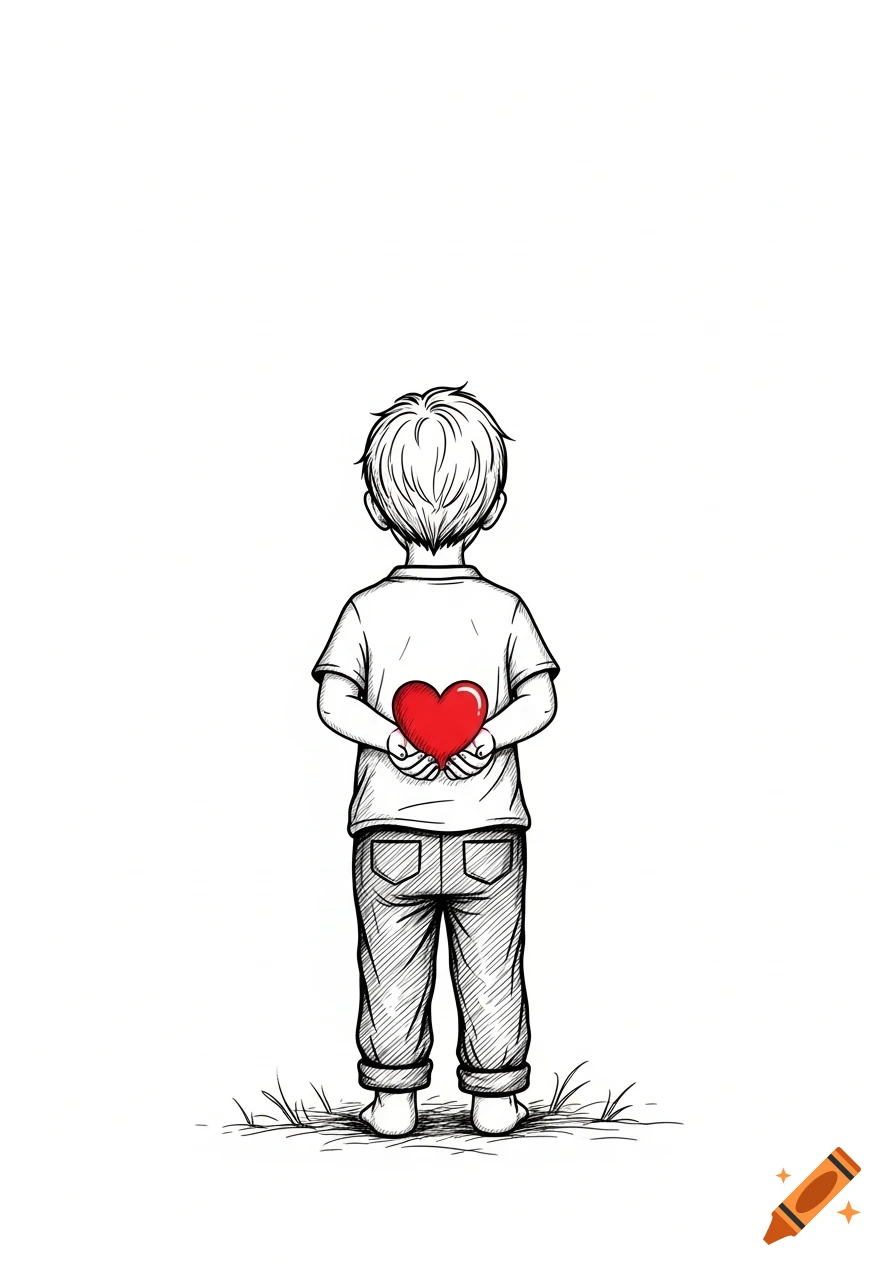 A simple black and white line drawing of a small boy standing with his back to the viewer, holding a red heart behind his back.