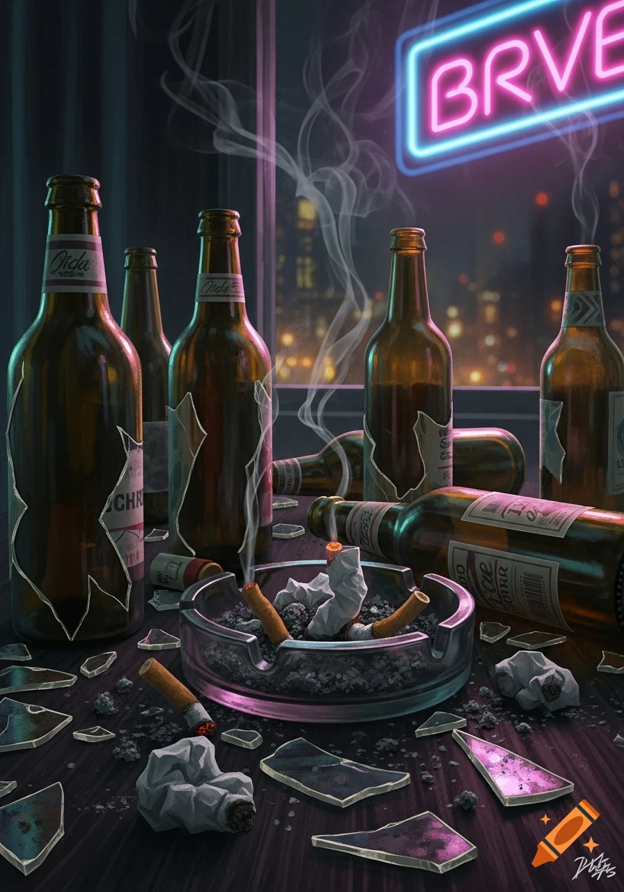 A still life of broken beer bottles, an ashtray filled with cigarette butts and ash, and shattered glass on a dark table, with city lights and a neon sign in the background.