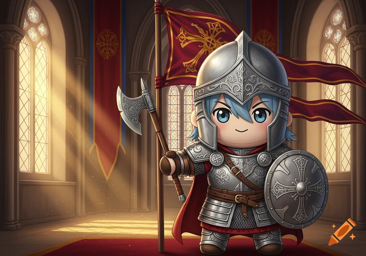 Chibi plush knight in silver armor with a red cape holds an axe and shield in a medieval hall with a Byzantine flag.