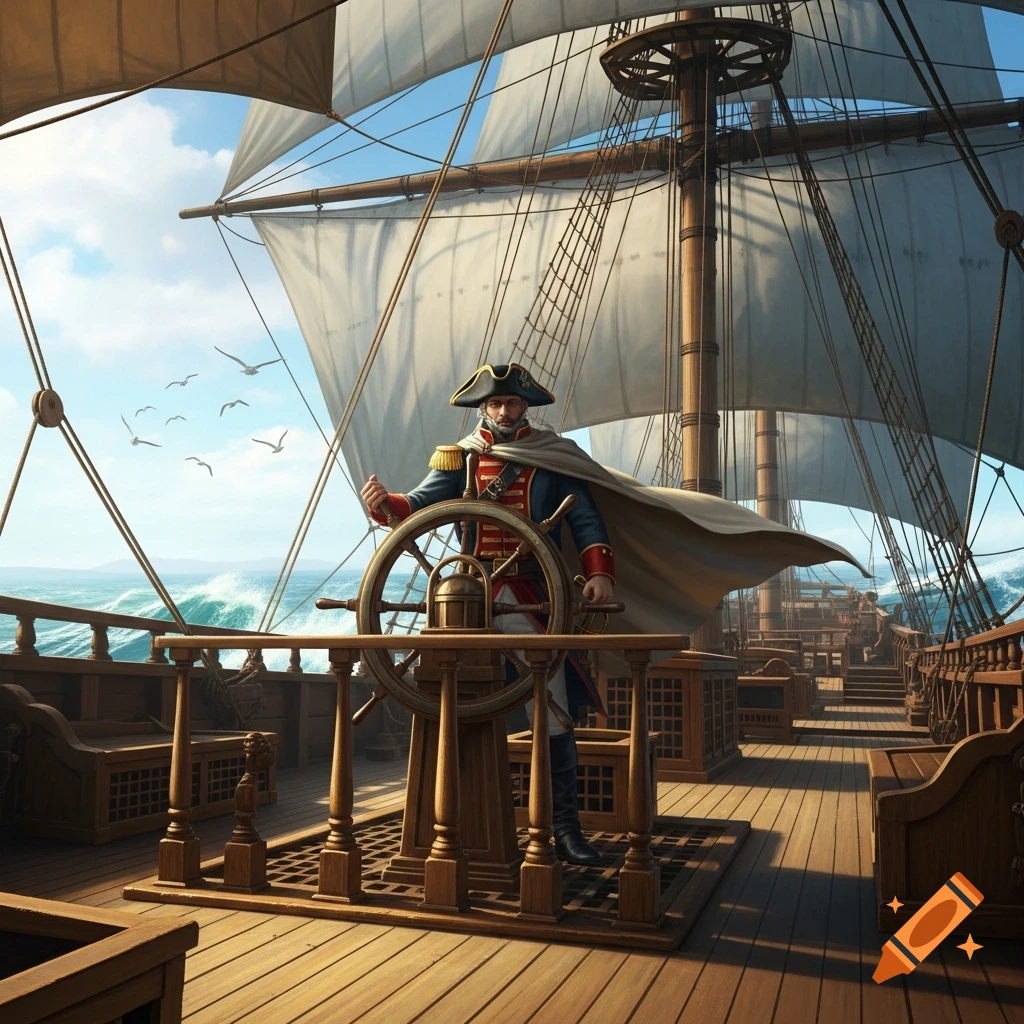 A captain in a bicorne hat and uniform stands at the helm of a large sailing ship on a sunny day at sea, with seagulls overhead.