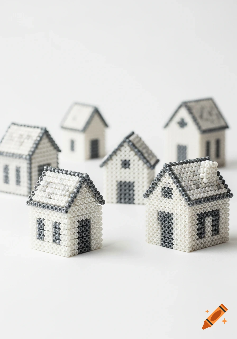 Miniature houses crafted from white and grey beads on a stark white background.