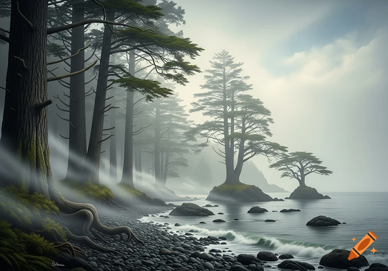 A foggy coastline with tall evergreen trees along a rocky beach, leading to a misty ocean with waves and trees on distant rocky islets.