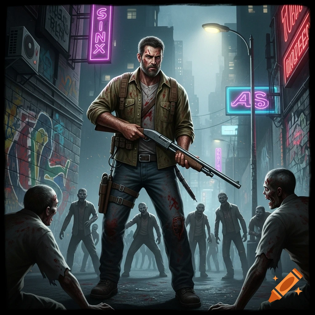 A determined man with a shotgun faces a horde of zombies in a dark, neon-lit city alley, digital art style.