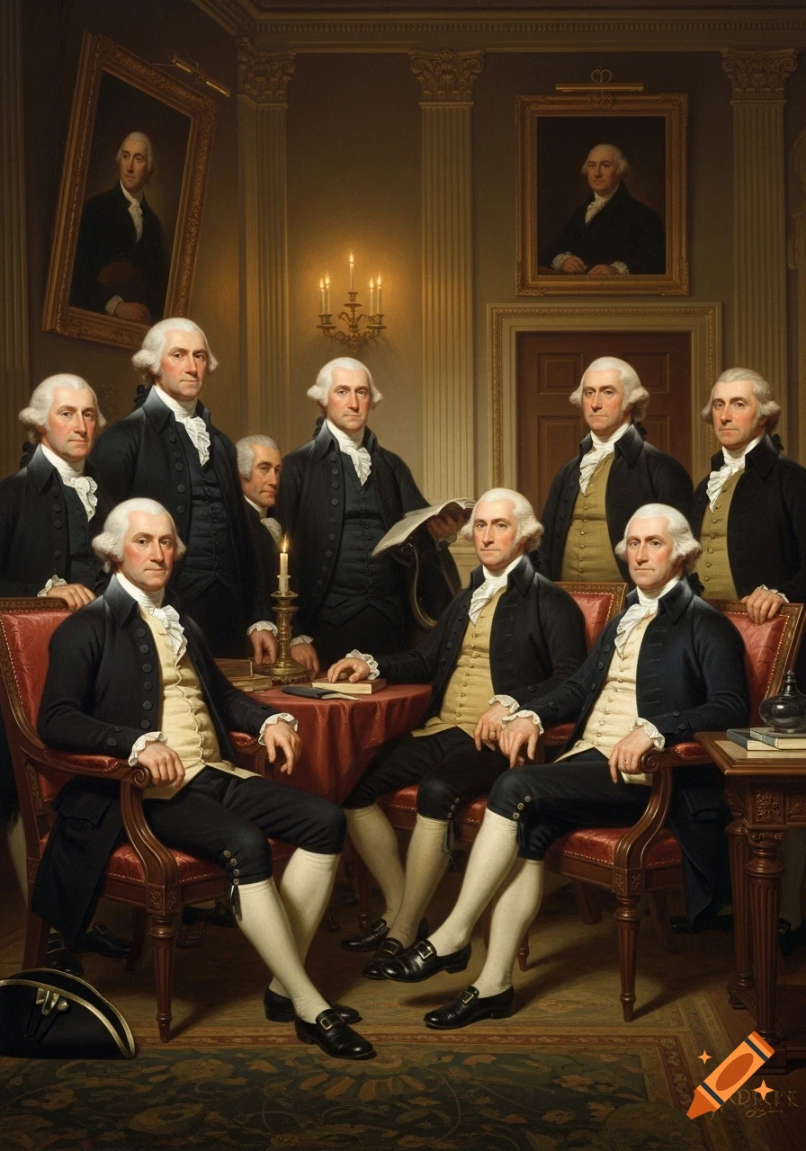An oil painting portrait of several men, resembling America's founding fathers, gathered in a finely decorated room.