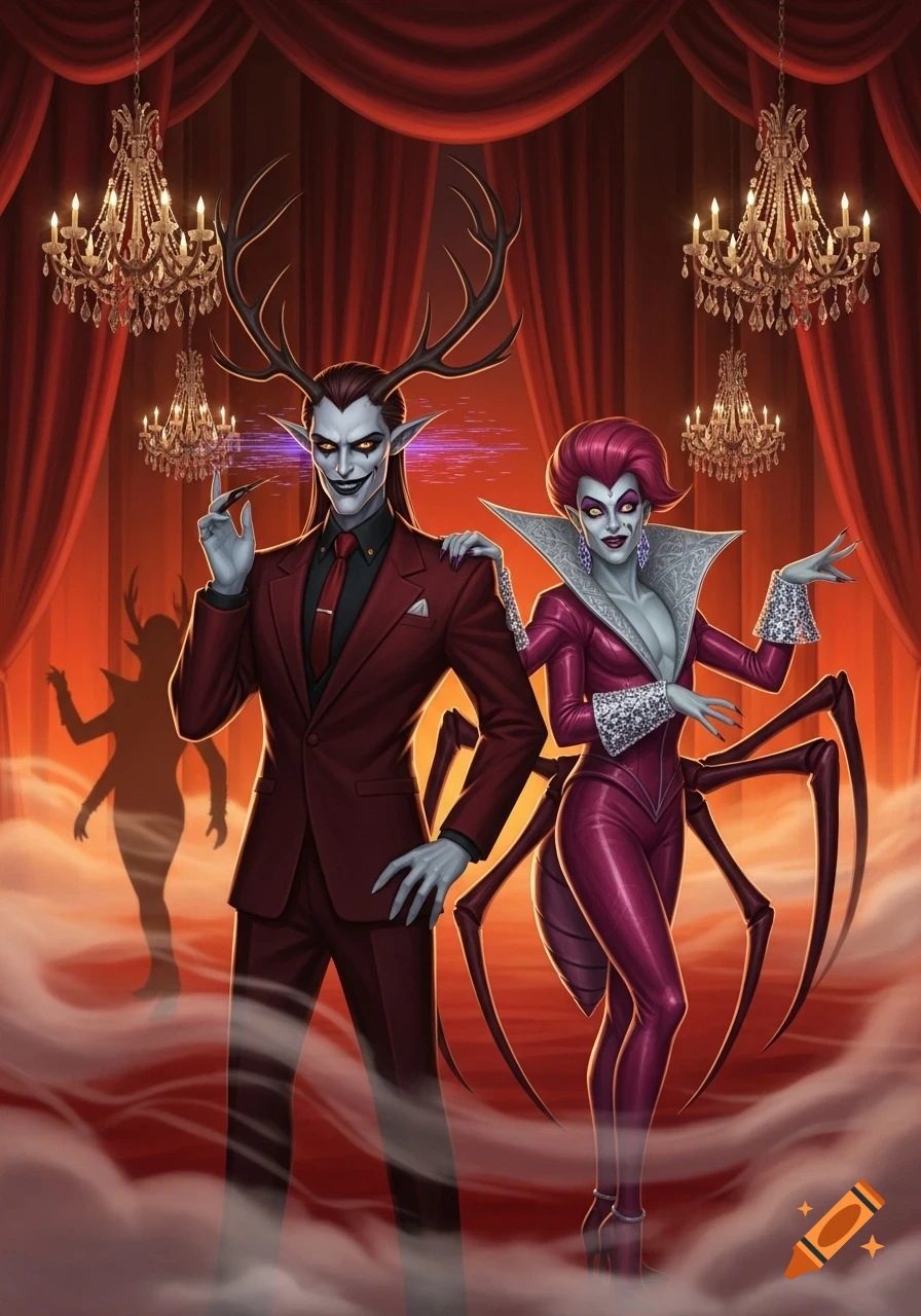Two stylized, pale-skinned demonic figures in formal attire, one with antlers and the other with spider legs, stand in a luxurious, red-curtained room with chandeliers.