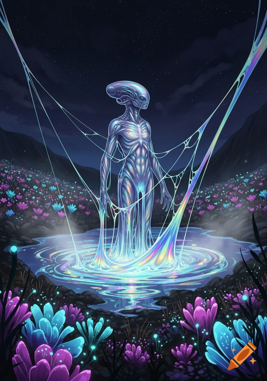 An iridescent alien stands in a glowing pool, surrounded by colorful slime and luminous alien flora under a starry night sky.