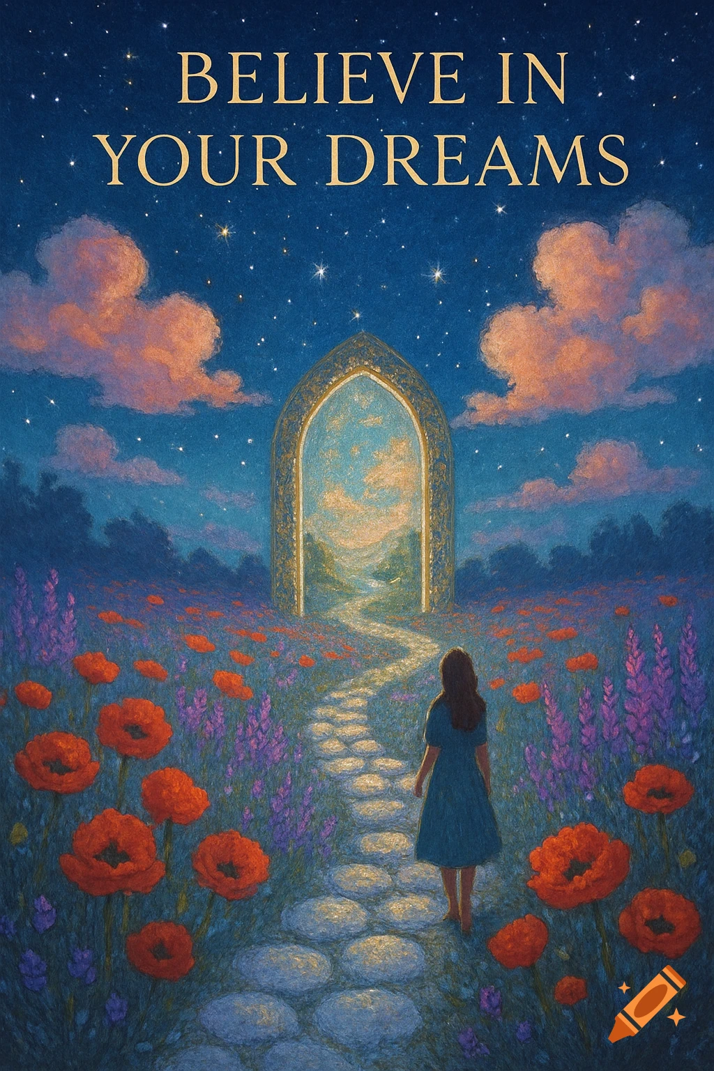 A person on a path through a starry flower field, heading for a glowing archway. Text 'BELIEVE IN YOUR DREAMS'.
