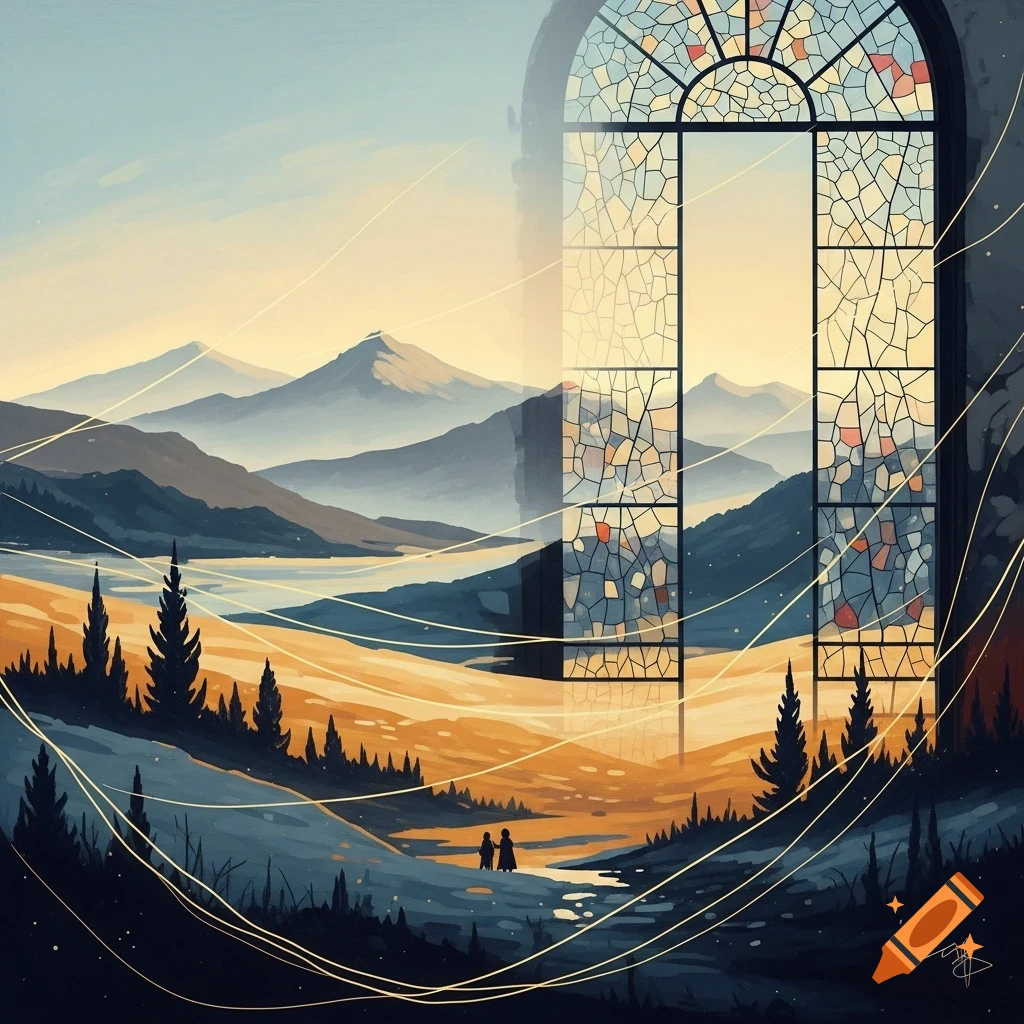 Dreamlike pastel landscape with mountains, a lake, trees, and two figures, viewed through a large stained-glass window. Golden lines weave through.
