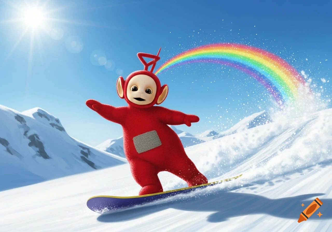 Red Teletubby Po snowboards down a sunny, snowy mountain slope under a blue sky with a rainbow.