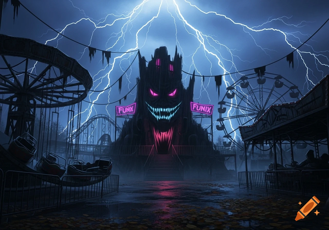 An eerie, abandoned amusement park at night features a monster-faced funhouse with neon lights under a stormy sky with lightning striking.