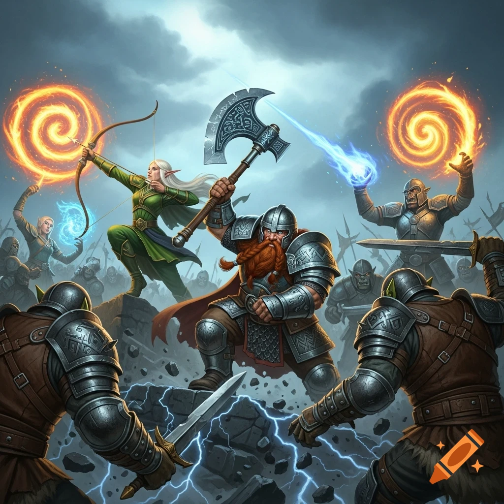 An epic Dungeons & Dragons fantasy battle features a dwarf, elf archer, and a magic-wielding warrior fighting orcs amidst lightning.