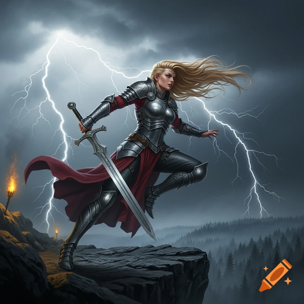 A blonde female warrior in intricate armor holds a sword, leaping on a cliff under a stormy sky with lightning, overlooking a misty forest.